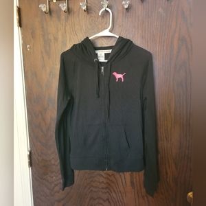 VS PINK BLACK FULL ZIP SWEATER WITH HOOD & BRIGHT PINK SEQUINS